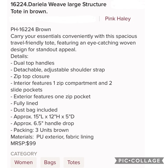 1 left! Boutique- Pink Haley Dariela Brown Tote - Picture 6 of 6